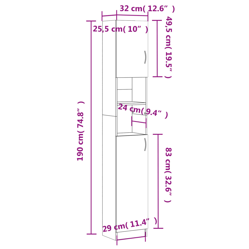 Armoire salle de bain Gris béton 32x25,5x190 cm Bois ingénierie