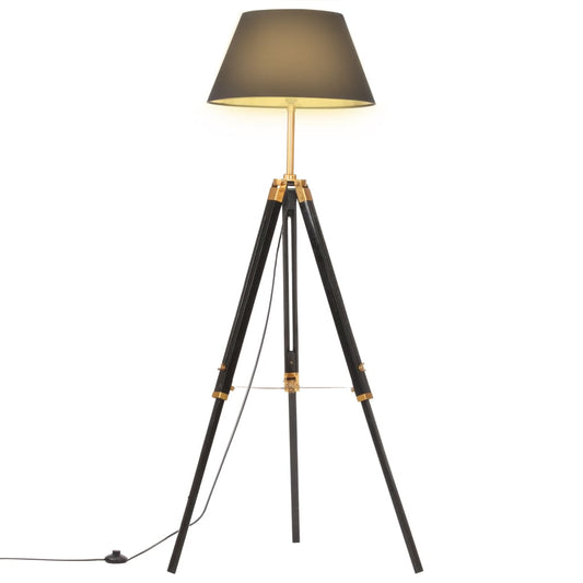 Lampadaire à trépied Noir et doré Bois de teck massif