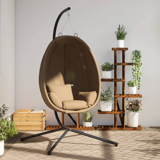 Chaise suspendue en forme d'œuf et support taupe tissu et acier