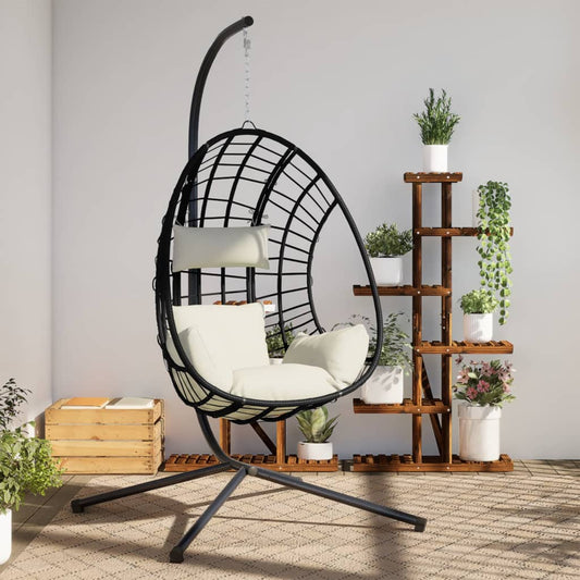 Chaise suspendue en forme d'œuf et support beige rotin et acier